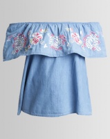 New Look Floral Embroidered Bardot Neck Top Blue Photo