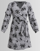 London Hub Fashion Floral Check Wrapover Dress Black/White Photo
