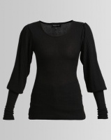 London Hub Fashion Skinny Rib Puff Sleeve Top Black Photo