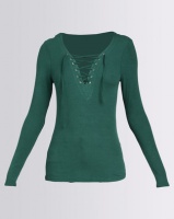 Brave Soul Long Sleeve Top With Tie Up Neck Pine Green Photo