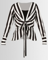 London Hub Fashion Stripe Open Tie Front Belted Top White/Black Photo
