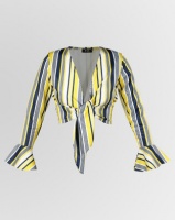 London Hub Fashion Stripe Bell Sleeve Crop Top Yellow Photo