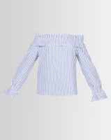 London Hub Fashion Stripe Cotton Shirred Bardot Top Blue Photo