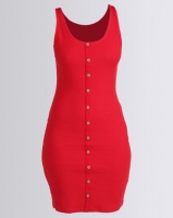 New Look Ribbed Button Front Bodycon Dress Red Photo