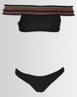 London Hub Fashion Bardot Shirred Bikini With Contrast Stitching Black Photo