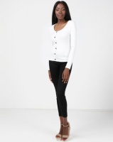New Look Ribbed Button Front Long Sleeve Top Off White Photo