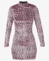 London Hub Fashion Velvet High Neck Bodycon Dress Leopard Print Photo