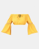 Legit Bardot Gypsy Crop Top With Flare Sleeves Mustard Photo