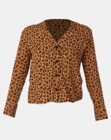 New Look Leopard Print Long Sleeve V-Neck Shirt Brown Photo