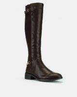 New Look Bandeau Suedette Chain Strap Knee High Boots Mid Brown Photo