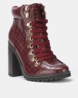 New Look Bolt Faux Croc Lace Up Boots Dark Red Photo