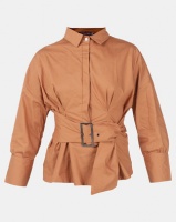 Utopia Belted Shirt With Puff Sleeve Camel Photo
