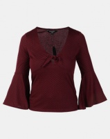 Brave Soul Long Sleeve V Neck Wrap Top Burgundy Dot Photo