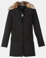 Brave Soul Faux Wool Jacket With Detachable Leopard Print Faux Fur Collar Black Photo