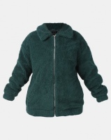 New Look Curves Teddy Borg Bomber Jacket Dark Green Photo