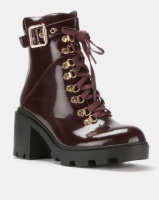 Public Desire Swag Heeled Ankle Boots Burgundy Patent Photo