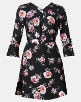 London Hub Fashion Floral Button Detail V Neck Tea Dress Black Photo