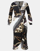 London Hub Fashion Chain And Animal Scarf Print Wrap Midi Dress With Long Sleeves Multi Photo