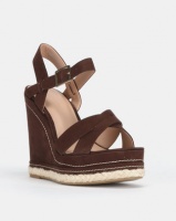 New Look Over Contrast Stitch Cross Strap Wedges Mid Brown Photo