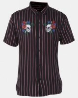 Brave Soul Fine Vertical Stripes Short Sleeve Shirt With Skull Embroidery Black Photo