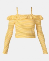 Legit Long Sleeve Cold Shoulder Frill Bardot Stripe Top Mustard/ White Photo