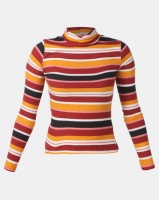 Legit Long Sleeve Rib Fitted Poloneck Stripe Top Multi Photo
