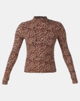 Legit Long Sleeve Printed Rib Fitted Poloneck Top Brown Photo