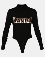 Legit Long Sleeve Poloneck Wanted Slogan Bodysuit Black Photo