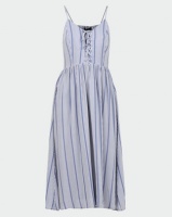 New Look Stripe Lace Up Front Midi Dress Blue Photo