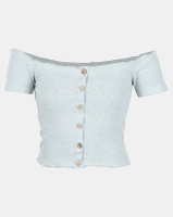 New Look Ribbed Button Bardot Top Mint Green Photo