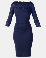 City Goddess London Fitted Midi Dress with Scalloped Lace Neckline Navy Photo