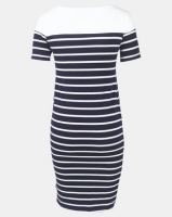 Cherry Melon Stripe Boatneck Contrast Dress Short Sleeve Navy/White Photo