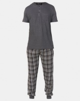 Brave Soul Henley with Check Sleepwear Set Charcoal/Black Check Photo