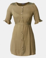 Utopia Button Through Dress With Tie Belt Olive Green Photo