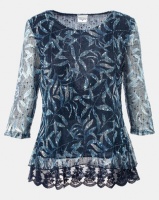 Contempo Printed Lace Overlay Top Blue Photo