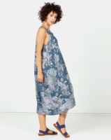 Assuili Floral Print Midi Linen Dress Marine Blue Photo