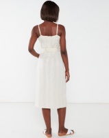 London Hub Fashion Stripe Strappy Paperbag Midi Dress Beige Photo