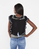 Brave Soul Aztec Embroidery Frill Sleeve Top Black Photo