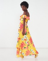 London Hub Fashion Floral Frill Trim Bardot Maxi Dress Yellow Photo
