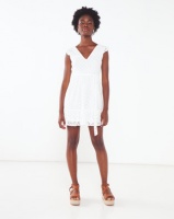 London Hub Fashion Geometric Lace V Neck Frill Detail Mini Dress White Photo