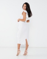 London Hub Fashion Frill Detail V Neck Sleeveless Bodycon Midi Dress White Photo