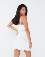 London Hub Fashion Lace Trim Pom Pom Strappy Mini Dress White Photo