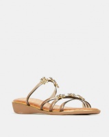 Queenspark 4 Strap Crystal Daisies Low Wedges Taupe Photo
