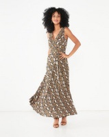 G Couture Sleeveless Snake Print Wrap Dress Brown Photo