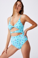 Body - Knot Front Cut Out One Piece Brazilian - Turquoise ditsy Photo