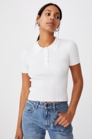 Cotton On Women - Ribbed Short Sleeve Polo Knit - White Photo