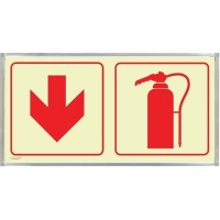 Tower Photoluminescent Sign In Alu Frame - Fire Extingusher Fire Hose and Red Arrow - Down Photo