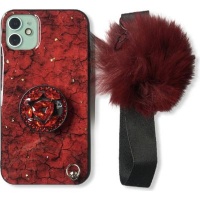 CellTime Marble Design Bling Cover for iPhone 11 with Pop Socket & Pom Pom - Red Photo