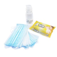 Unbranded Covid-19 Back to School Safety Pack 2 - 250ml Hand Sanitizer 12 Disposable 3-Ply Masks and 20 Wet Wipes Photo