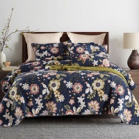 Linen Boutique New Floral Design Quilt 100% Cotton Four Seasons Embroidered - Navy Grey Photo